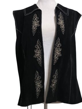 Coldwater Creek Black Suede Leather Embroidered Western Boho Vest L